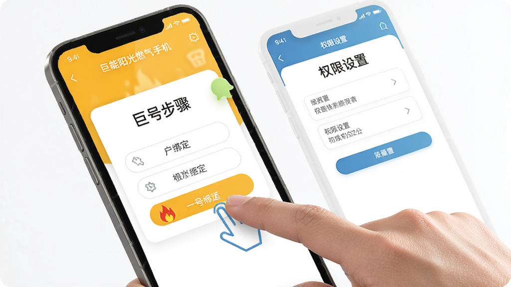巨能阳光燃气手机应用操作引导页面,展示户号绑定步骤和权限设置界面,画面中有手指点击屏幕的示意动作,风格简洁明快,画质清晰干净无多余元素