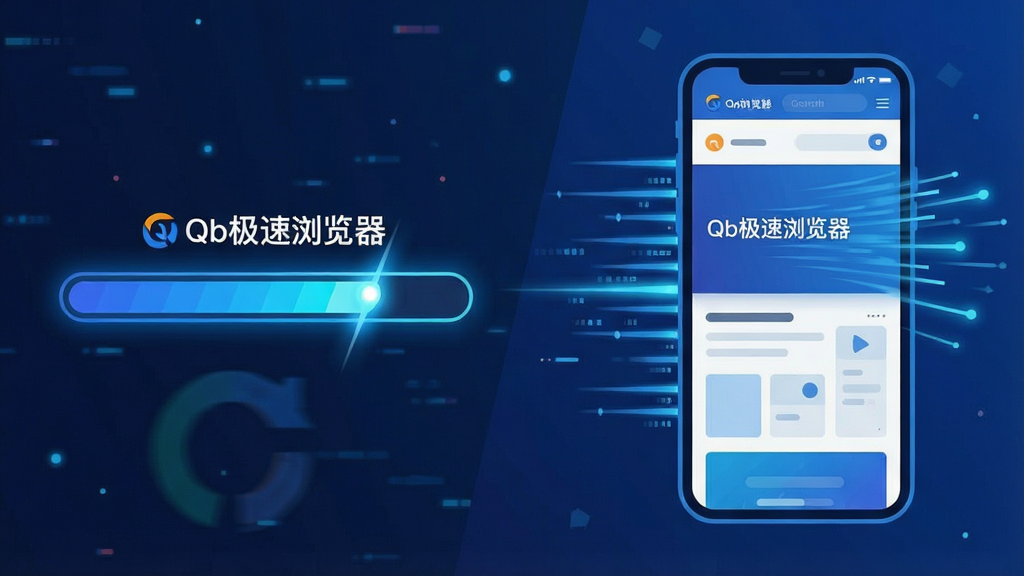一张表现Qb极速浏览器极速加载能力的示意图,画面左侧是加载进度条飞速前进的抽象图形,右侧是手机屏幕中网页瞬间呈现的场景,主体为手机与速度线条的组合,布局采用左右对比排版,风格为扁平化科技插画,细节包括蓝色光效、数据流线条、清晰的“Qb极速浏览器”字样,画质干净清晰,无多余元素