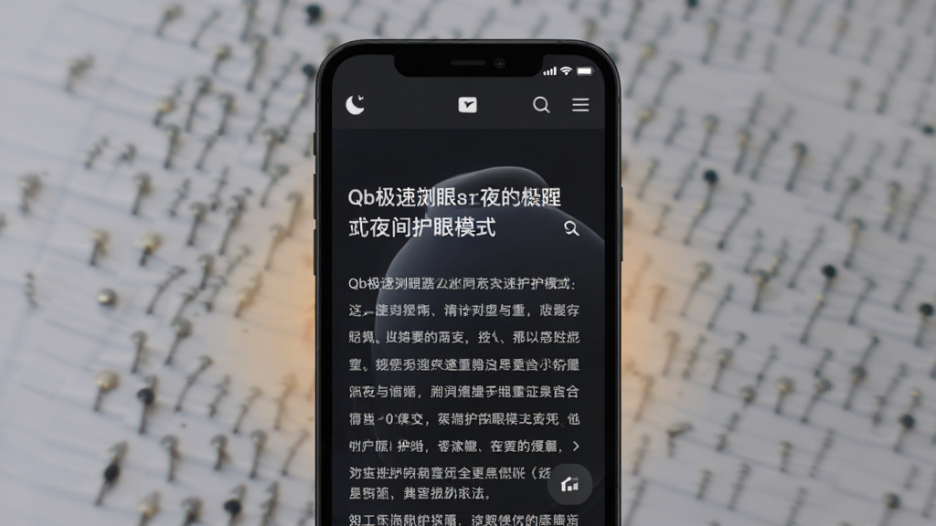 一张展示Qb极速浏览器夜间护眼模式的手机界面图,画面中手机屏幕显示深色背景的网页阅读页面,文字清晰柔和,顶部有月亮图标标识,主体为手机与暗色UI,布局居中排版,风格为简约暗黑科技风,细节包括护眼色调、柔和光晕、整洁的排版,画质清晰,干净无多余元素