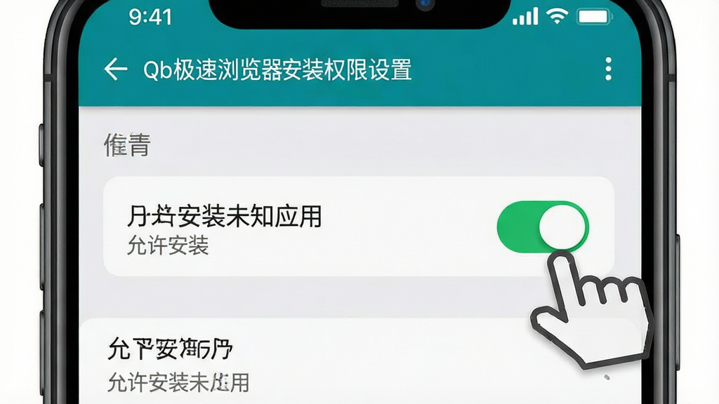 一张展示Qb极速浏览器安装权限设置界面的示意图,画面主体为手机屏幕特写,显示“允许安装未知应用”的开关按钮,旁边配有手指点击的图标,布局为居中特写排版,风格为写实UI截图风,细节包括清晰的设置选项文字、开关高亮状态、简洁的背景,画质干净清晰,无多余元素