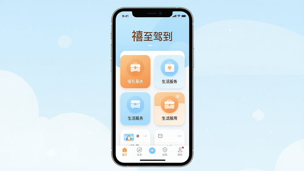 主体为一部智能手机,屏幕上显示“禧至驾到”应用主界面,界面简洁清新,布局采用卡片式设计,上方为欢迎语“禧至驾到”,中部排列生活服务功能图标,底部为导航栏。排版居中对称,风格为现代扁平化UI设计,细节上图标线条圆润、配色以暖橙与浅蓝为主,画质高清干净,无多余元素。