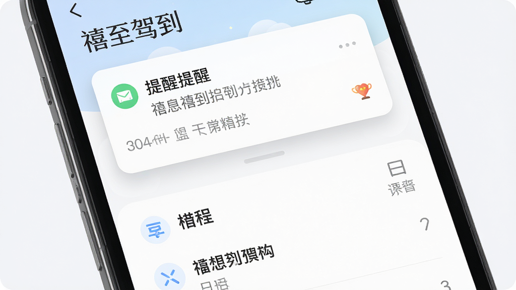 主体为手机屏幕特写,屏幕中展示“禧至驾到”应用内的消息提醒界面与日程管理面板,布局为上下结构,上方为提醒卡片,下方为日程列表。排版整齐,风格为清新简约风,细节上卡片带有柔和阴影、字体清晰易读,画质高清干净,无多余元素。