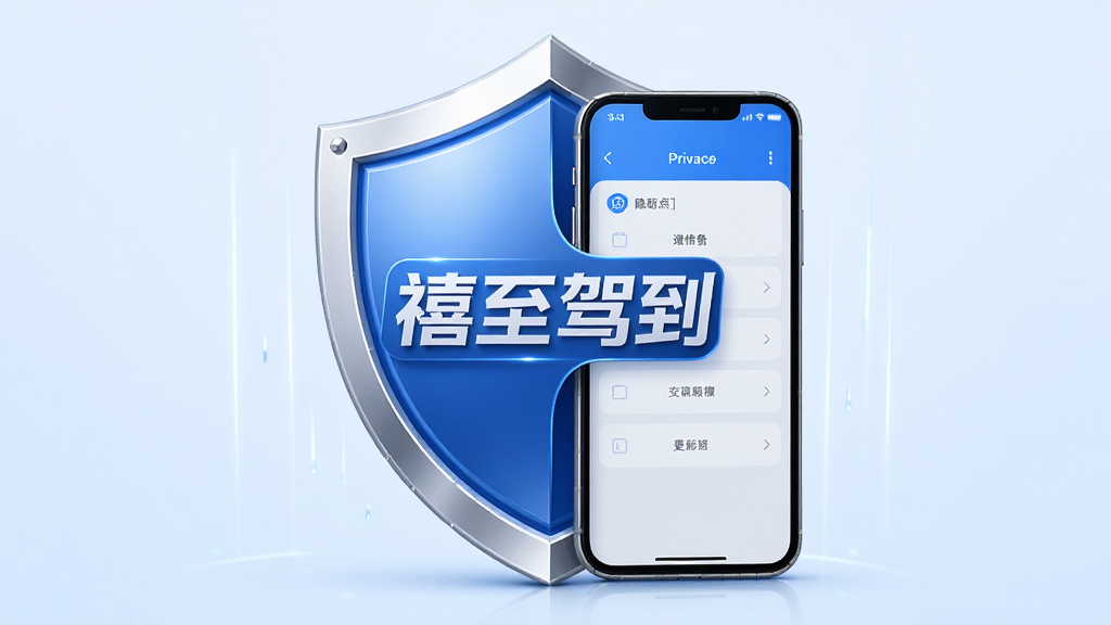主体为盾牌与手机组合的抽象图形,盾牌中央显示“禧至驾到”文字标识,背景为淡蓝色渐变。布局为居中构图,风格为安全科技风,细节上盾牌表面有细微光泽、手机屏幕显示隐私设置界面,画质高清干净,无多余元素。