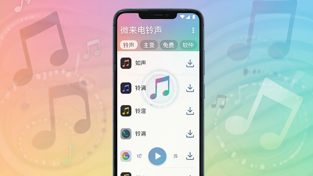 一张展示微来电铃声免费多软件界面的手机预览图,主体为一部竖屏安卓手机,屏幕上显示着铃声列表与播放按钮,布局采用居中构图,排版清晰展示分类标签与下载图标,风格为现代简约科技风,细节包含音符跳动动画效果与柔和的渐变背景,画质高清,干净,无多余元素
