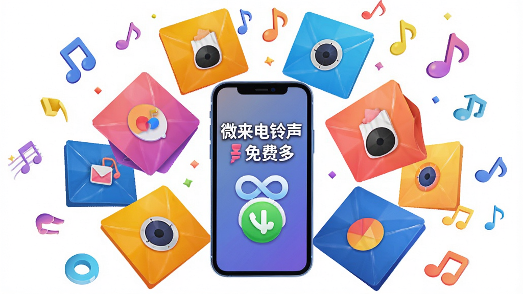 一张展示微来电铃声免费多海量铃声库的AI生成图,主体为悬浮在空中的多个彩色音乐专辑封面与音符图标,布局采用放射状排列,排版错落有致,风格为活泼明快的插画风,细节包含手机屏幕中显示着“微来电铃声免费多”文字标识与无限下载符号,画质超清,干净,无多余元素