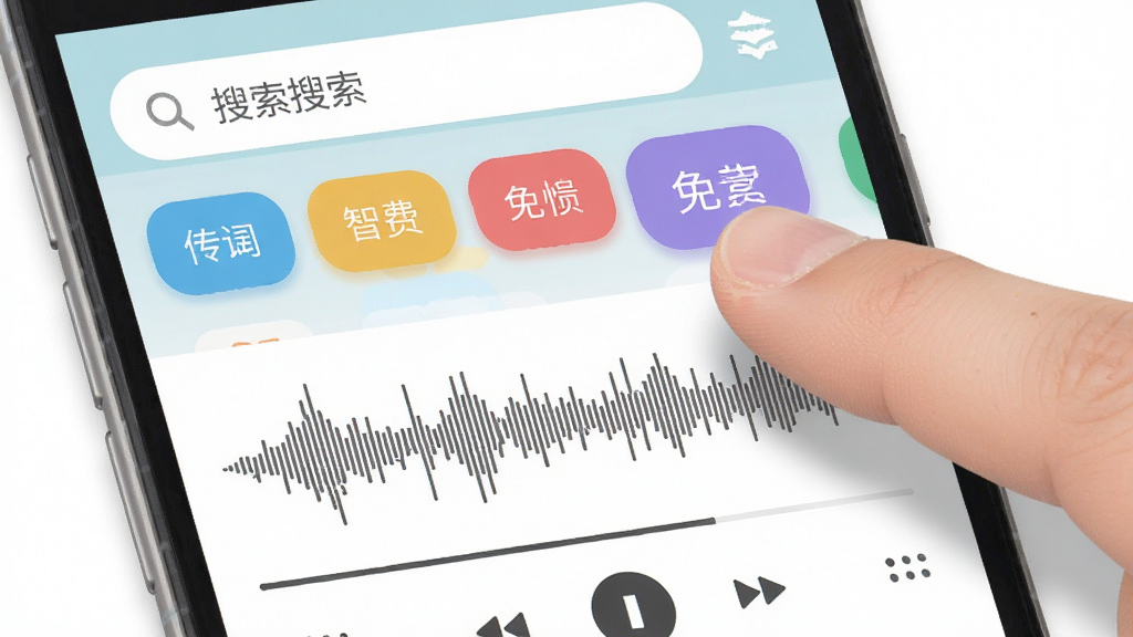 一张展示微来电铃声免费多智能分类界面的图片,主体为手机屏幕特写,布局采用上下结构,上半部分为搜索栏与彩色分类标签,下半部分为音频波形图与播放控制条,风格为扁平化UI设计,细节包含手指点击分类标签的动作与柔和的阴影效果,画质清晰,干净,无多余元素