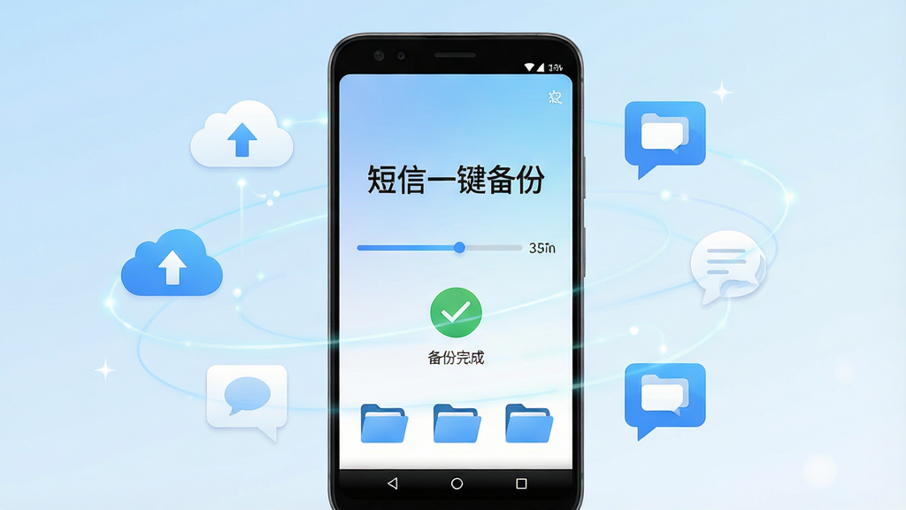 一部安卓手机屏幕中央展示着简洁的短信备份应用界面,界面上有