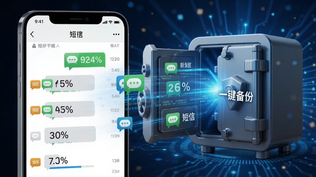 一部手机屏幕显示短信列表正在被吸入一个发光的数字保险箱中,保险箱上印有