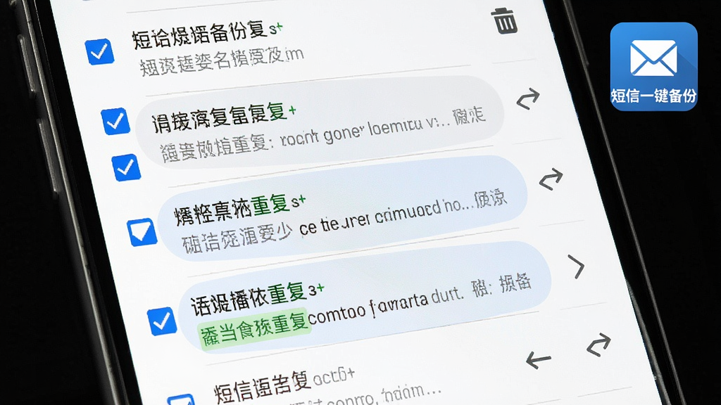 手机屏幕显示短信列表,部分短信被标记为重复并高亮显示,旁边有