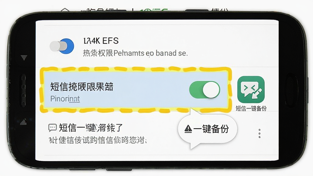 一部安卓手机显示权限设置界面,短信权限开关被高亮标注,旁边有