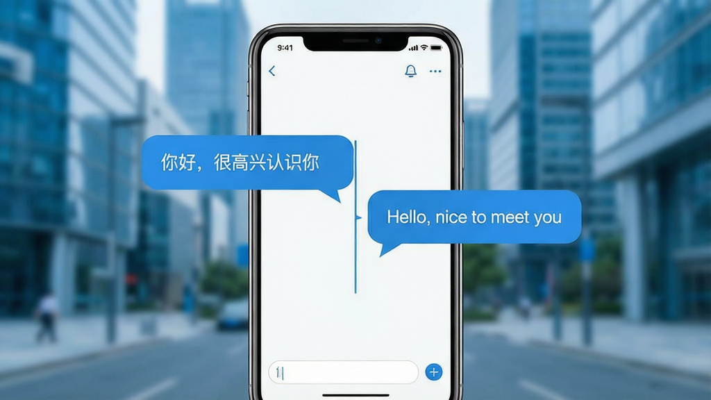 一张展示跨言互译软件界面的概念图,画面中央是一部智能手机,屏幕上显示着两种不同语言的对话气泡正在实时转换,左侧是中文“你好,很高兴认识你”,右侧是英文“Hello, nice to meet you”,背景是模糊的现代城市街景,风格简洁明快,细节包括手机顶部的状态栏和底部的输入框,画质清晰,干净,无多余元素,整体色调为科技蓝与白色