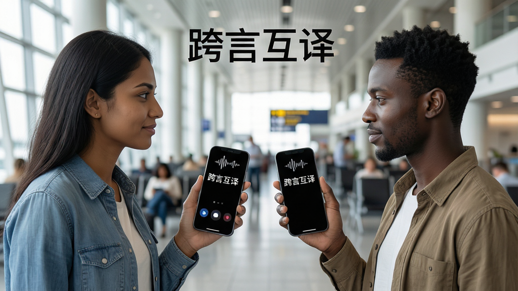 一张展示跨言互译语音对话翻译功能的场景图,画面中两个不同国籍的人面对面站立,各自手持一部手机,手机屏幕上方显示着声波图标和正在转换的文字,背景是机场候机大厅,风格写实,细节包括人物表情和手机界面元素,画质高清,干净,无多余元素,画面中打文字“跨言互译”