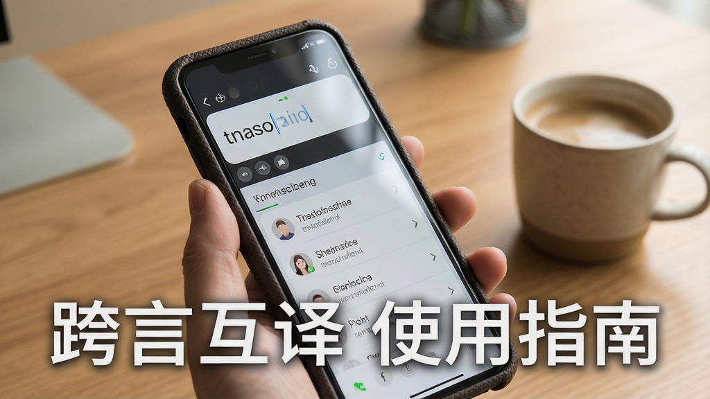 一张展示跨言互译在手机上运行的操作示意图,画面中一只手拿着手机,屏幕上显示着翻译输入界面和历史记录列表,背景是书桌和一杯咖啡,风格温馨简约,细节包括手机壳纹理和屏幕反光,画质清晰,干净,无多余元素,画面中打文字“跨言互译 使用指南”