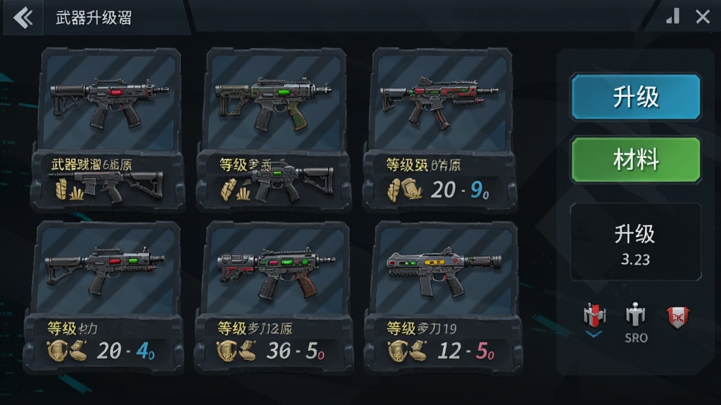 我枪耍的贼溜武器升级界面,画面展示多把造型各异的枪械排列在展示架上,每把枪下方标注等级与属性数值,界面右侧有升级按钮与材料消耗提示,背景为深色科技感面板,整体布局整洁,色彩对比鲜明,画质干净