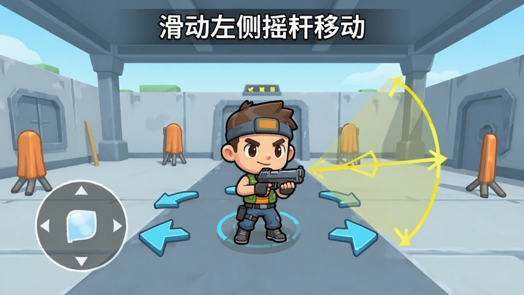 我枪耍的贼溜新手教学界面,卡通角色站在训练场中央,四周有箭头指示移动方向与射击范围,屏幕上方显示“滑动左侧摇杆移动”的提示文字,背景为简洁的训练基地风格,整体布局清晰易懂,画质干净明亮
