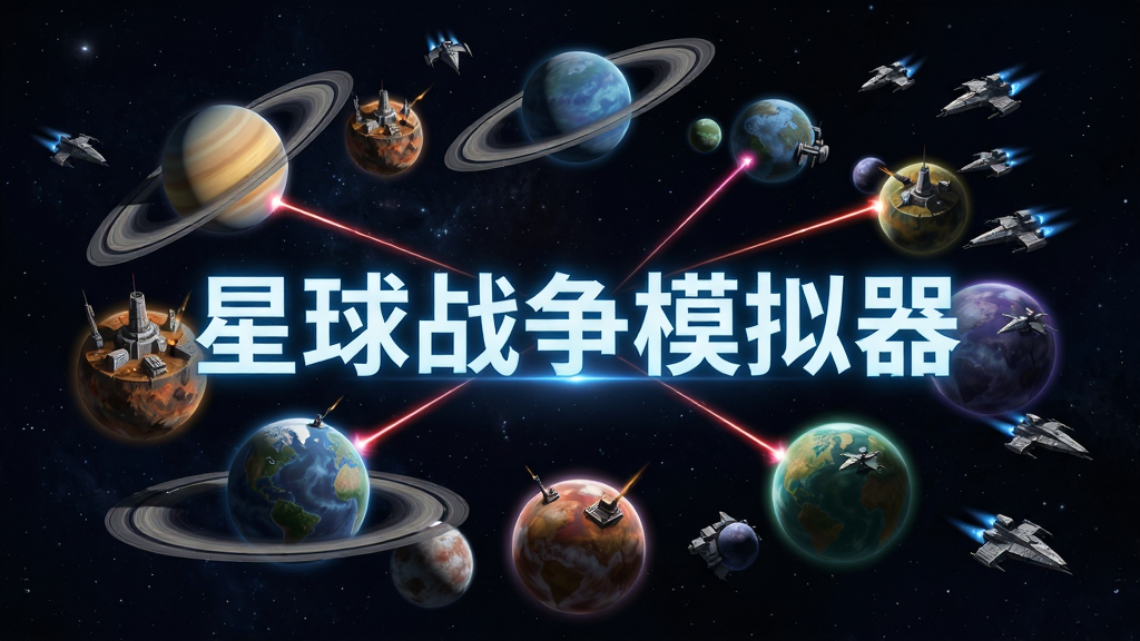 浩瀚宇宙中多颗不同颜色的星球悬浮在深色星空背景中,星球表面有战争基地和飞行器,画面中央用发光字体写着“星球战争模拟器”,整体为科幻策略游戏宣传风格,布局上星球呈环形排列,排版居中突出标题,细节包括星环、激光束和星际战舰,画质清晰,干净,无多余元素