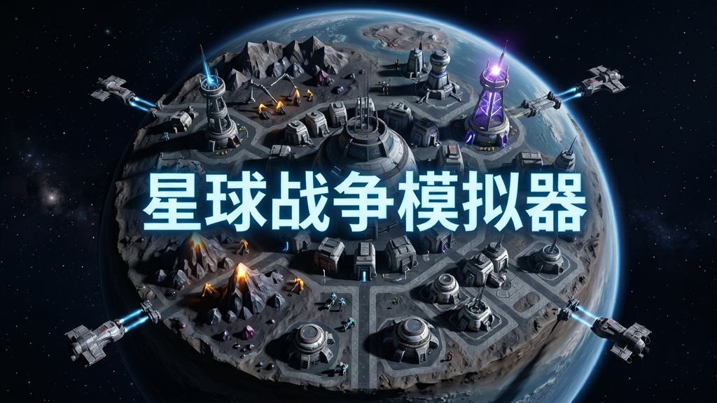 一颗布满科技建筑的星球在宇宙中,表面有采集资源和建造设施的场景,画面用发光文字标注“星球战争模拟器”,主体为星球和基地建筑,布局采用远景俯视角度,排版上星球居中,风格为科幻模拟经营,细节包含资源矿场、能量塔和运输飞船,画质清晰,干净,无多余元素