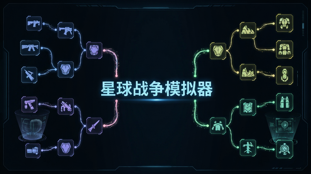 科幻风格的科技研发界面,画面中央显示科技树分支,有武器、装甲和航行技术图标,用发光文字写着“星球战争模拟器”,布局为左右对称的科技树结构,排版清晰,风格为未来科技感,细节包括能量线条和全息投影,画质清晰,干净,无多余元素