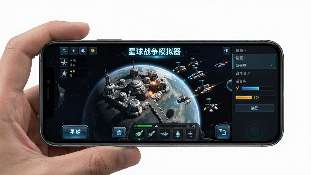 手机屏幕显示星球战争模拟器游戏界面,画面中有星球基地和舰队,旁边有设置菜单和画质选项,用发光文字写着“星球战争模拟器”,主体为手机和游戏画面,布局为手持手机视角,排版上游戏界面居中,风格为写实科技风,细节包括按钮、资源条和舰队图标,画质清晰,干净,无多余元素