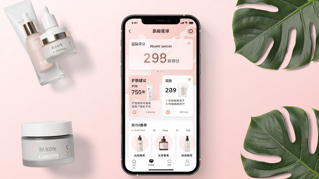 一张展示肌秘星球手机应用主界面的场景图,画面中央是一部智能手机,屏幕上显示肌秘星球APP的肌肤检测界面,包含肌肤评分、护肤建议卡片和产品推荐列表。背景是干净的浅粉色渐变,周围有少量护肤瓶罐和植物叶片点缀。风格清新现代,细节精致,画质高清,干净无多余元素。