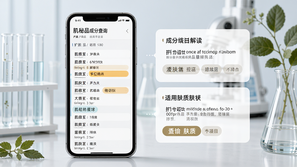 肌秘星球产品成分查询界面展示图,画面中手机屏幕上显示一款护肤品的成分列表,部分成分被高亮标注,旁边有成分解读卡片和适用肤质标签。背景是简洁的实验室风格,有少量试管和植物元素。风格专业清爽,布局合理,画质高清,干净无多余元素。