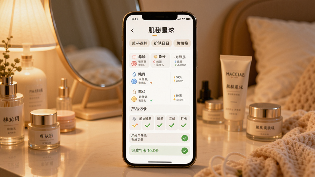 肌秘星球个性化护肤日程界面展示图,画面中手机屏幕上显示一周的护肤日程表,包含早晚护肤步骤、产品使用记录和完成打卡标记。背景是温馨的卧室梳妆台场景,有柔和的灯光和护肤产品。风格温暖舒适,布局清晰,画质高清,干净无多余元素。