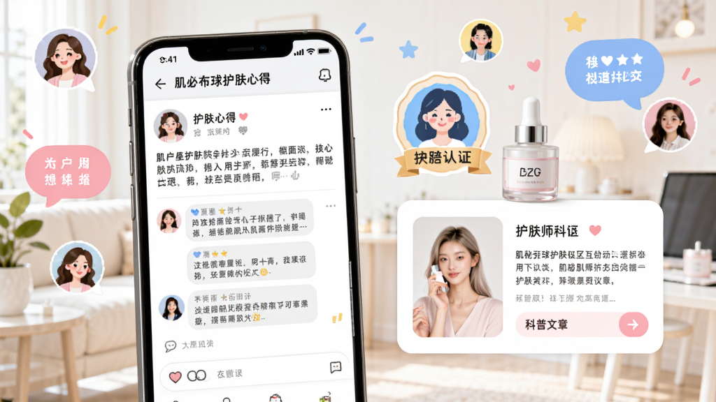 肌秘星球护肤社区互动展示图,画面中手机屏幕上显示用户发布的护肤心得帖子和评论互动,旁边有护肤师认证标识和科普文章卡片。背景是明亮的社交场景,有多个用户头像气泡。风格活泼友好,布局生动,画质高清,干净无多余元素。