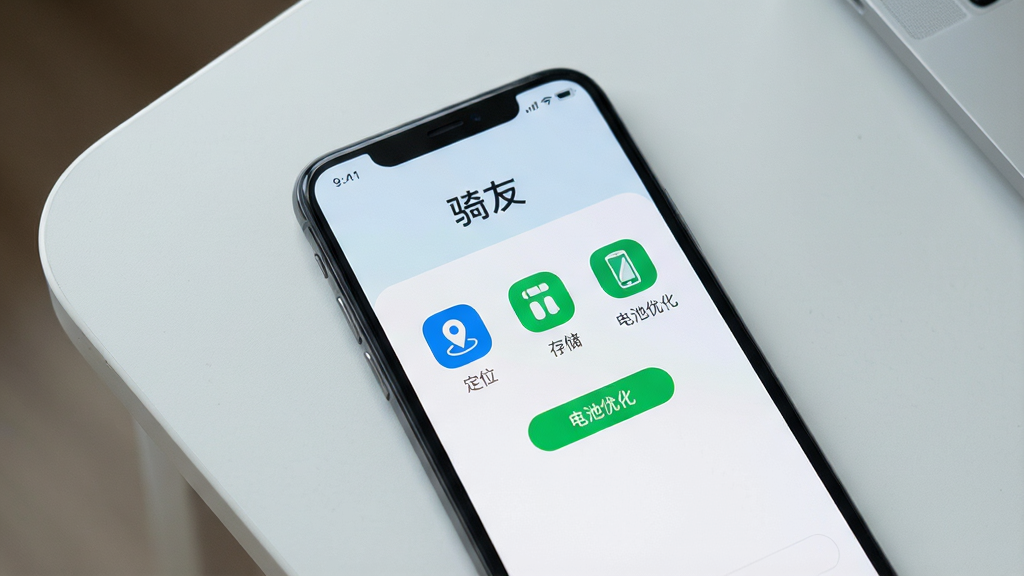 一张展示手机骑行APP新手设置界面的图片,画面中手机屏幕显示权限开启引导页,包含定位、存储、电池优化三个图标,页面顶部有