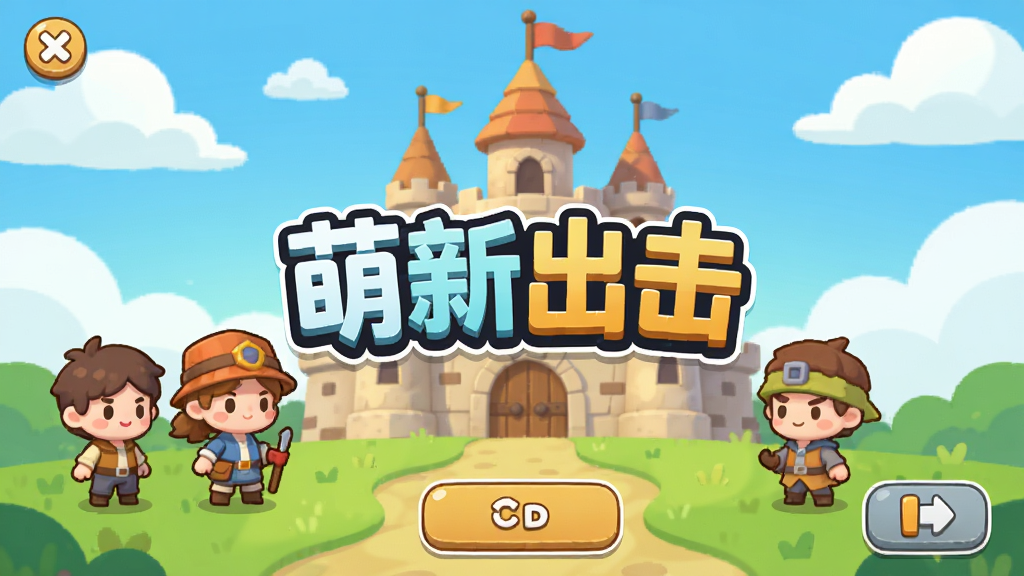 一张清新卡通风格的游戏主界面截图,画面中央是萌新出击的游戏Logo,背景是蓝天白云和绿色草地,几个可爱的Q版角色站在城堡前,整体色调明亮温暖,布局简洁,风格为扁平化卡通,细节包括角色表情、建筑轮廓和按钮图标,画质高清干净无多余元素。