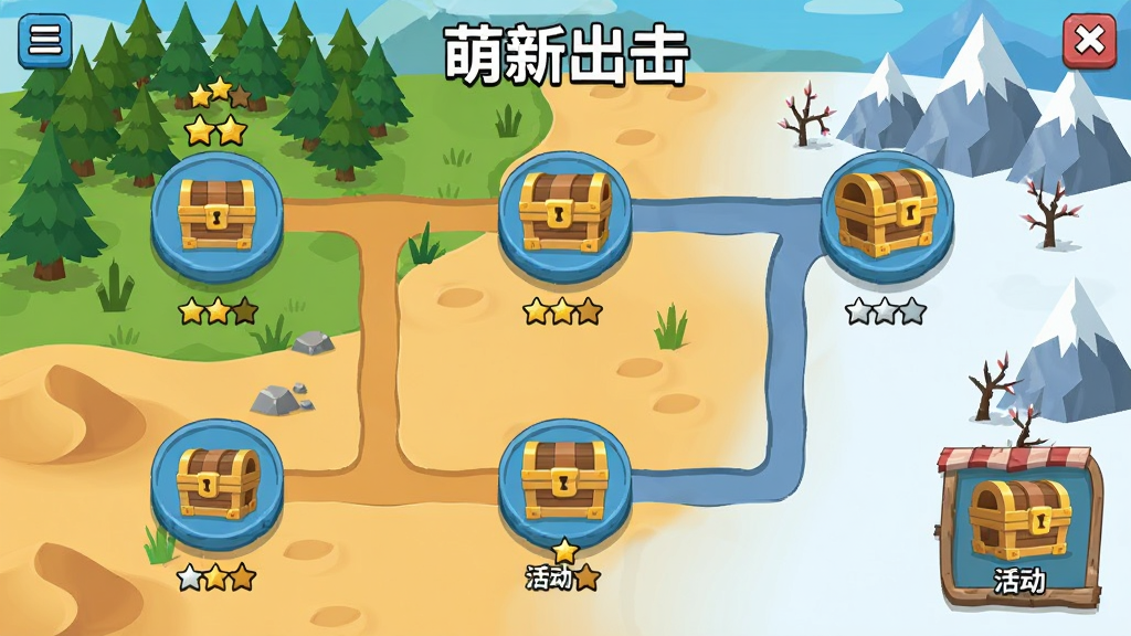 一张萌新出击关卡选择界面的场景图,画面中显示多个关卡节点和宝箱图标,背景是卡通风格的地图,有森林、沙漠和雪山等不同区域,风格为扁平化卡通,布局清晰,细节包括路径线条、关卡星级和活动入口,画质高清干净无多余元素。