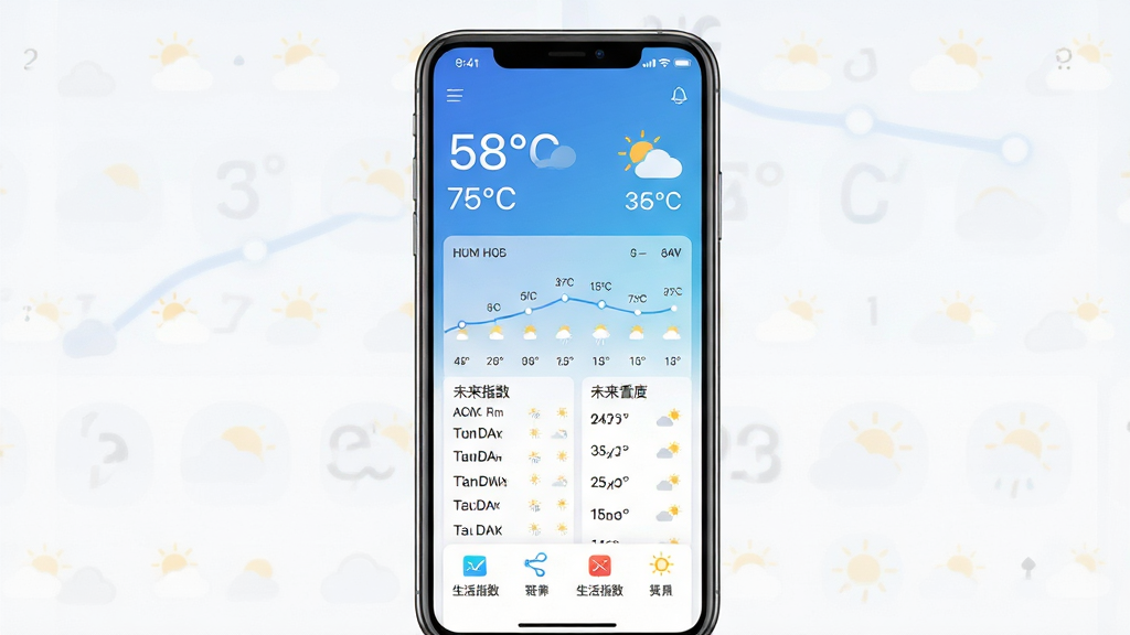 本地天气实时报软件主界面展示图,画面中央是一部智能手机,屏幕显示蓝白渐变背景的天气应用界面,顶部大字显示当前温度与天气图标,中部有逐小时预报曲线与未来七天天气列表,底部有生活指数图标。布局简洁清晰,风格现代扁平化,细节包括温度数字、天气小图标、日期标签。画质高清,干净,无多余元素。