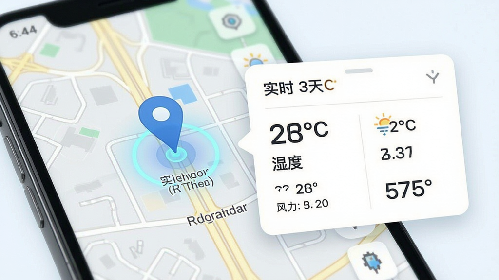 本地天气实时报定位功能展示图,画面主体为手机屏幕特写,屏幕中显示地图定位图标与街道名称,旁边弹出天气信息卡片,卡片上有实时温度、湿度、风力数据。布局为左图右卡片的排版方式,风格清新科技感,细节包括地图道路线条、定位光圈、数据小字。画质清晰,干净,无多余元素。