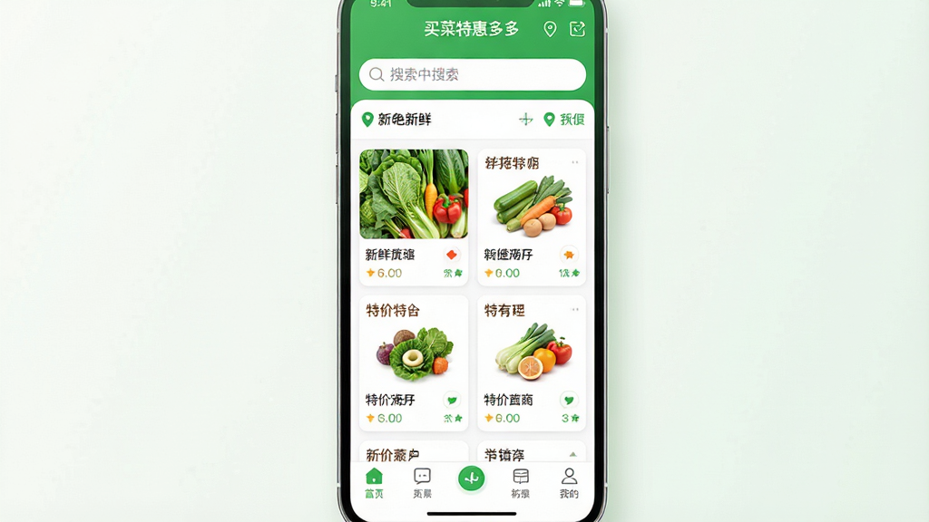 一张展示手机应用界面的图片,画面中央是“买菜特惠多多”软件的主页,页面布局清晰,顶部显示搜索框和定位信息,中间是新鲜蔬菜和特价商品的卡片列表,底部有导航栏。整体风格清新明亮,以绿色和白色为主色调,背景干净整洁,画质高清,无多余元素。