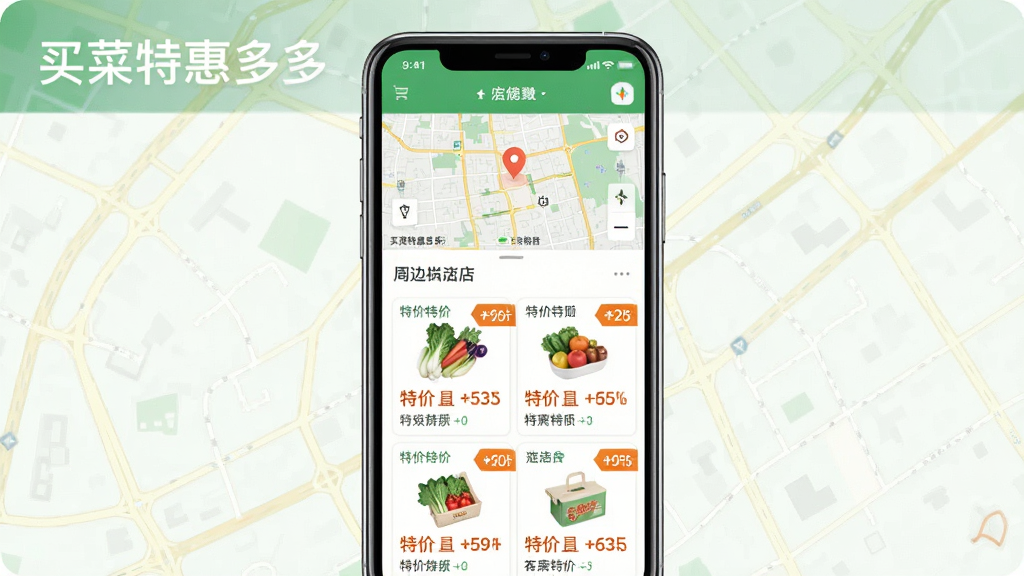 一张展示“买菜特惠多多”周边优惠聚合功能的图片,画面主体是手机屏幕,屏幕上显示地图定位和周边店铺列表,每家店铺旁边标注特价商品和折扣标签。布局采用上下结构,上方是地图缩略图,下方是店铺卡片列表。风格简洁现代,以绿色和橙色作为强调色,细节清晰,画质干净,无多余装饰。