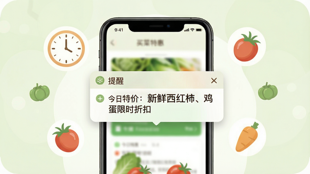 一张展示“买菜特惠多多”每日特价提醒功能的图片,画面中央是一部手机,屏幕弹出提醒通知,通知内容显示“今日特价:新鲜西红柿、鸡蛋限时折扣”。手机周围有淡淡的时钟和蔬菜图标作为装饰,布局居中,风格温馨简洁,以浅绿色和白色为主,画质高清,无杂乱元素。