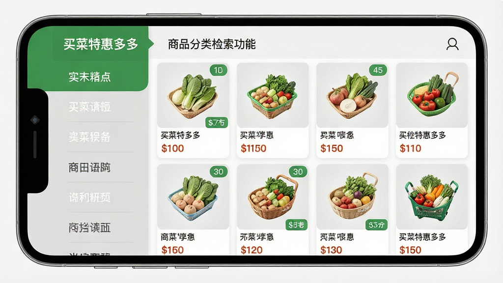 一张展示“买菜特惠多多”商品分类检索功能的图片,画面是手机屏幕上的分类导航界面,左侧是竖排分类菜单,右侧是商品网格展示,每个商品配有图片和价格标签。布局清晰,风格清爽,以绿色和浅灰色为主,细节丰富,画质干净,无多余元素。