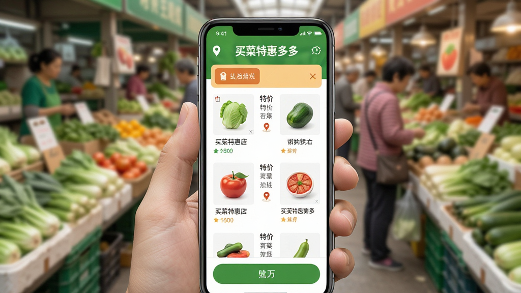 一张展示“买菜特惠多多”手机端操作界面的图片,画面中一只手拿着手机,屏幕上显示特价商品列表和定位信息,背景是模糊的菜市场场景。布局以手机屏幕为视觉中心,风格生活化,以绿色和暖色调为主,细节清晰,画质干净,无多余元素。