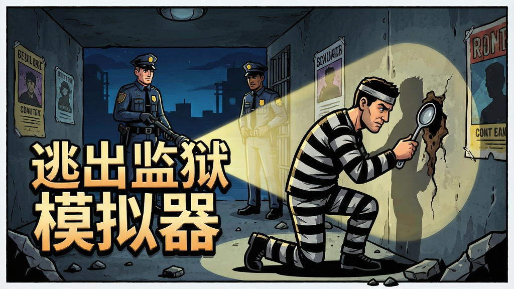 一张AI生图,画面主体是逃出监狱模拟器游戏中的夜间越狱场景,一名囚犯正用勺子挖掘墙壁,旁边有巡逻狱警的手电筒光束扫过,布局为横版游戏宣传图,排版左侧是游戏名称“逃出监狱模拟器”艺术字,风格为美式漫画风格,细节包括墙上的海报、地上的碎石,画质高清,干净,无多余元素