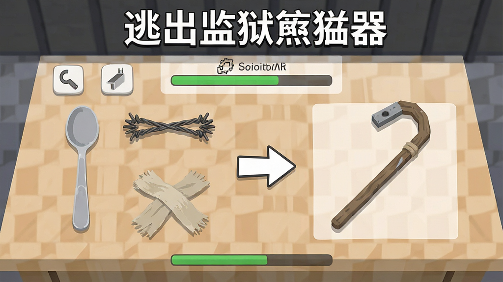 一张AI生图,画面主体是逃出监狱模拟器游戏中的合成界面,桌面上摆放着勺子、铁丝、布条等物品,合成箭头指向一把自制撬棍,布局为居中展示,排版上方有“逃出监狱模拟器”标题,风格为扁平化UI设计,细节包括物品图标、合成进度条,画质高清,干净,无多余元素