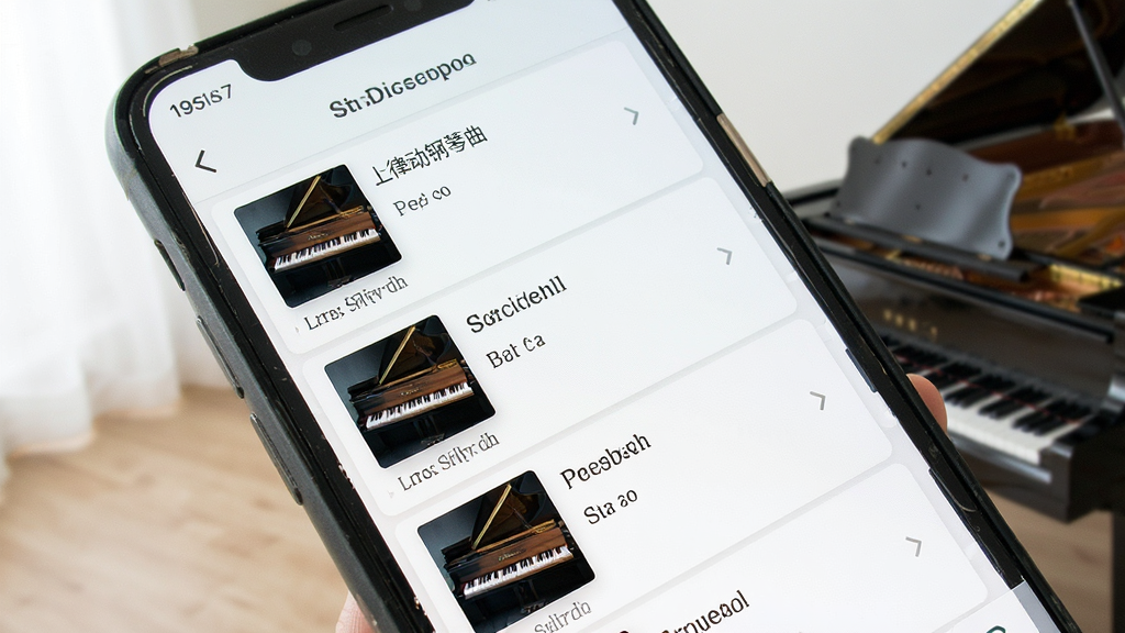 律动钢琴曲谱选择界面,手机屏幕显示多首曲目列表与专辑封面,布局整齐,风格清新明亮,主体为手机展示界面,细节清晰,画质干净,无多余装饰元素