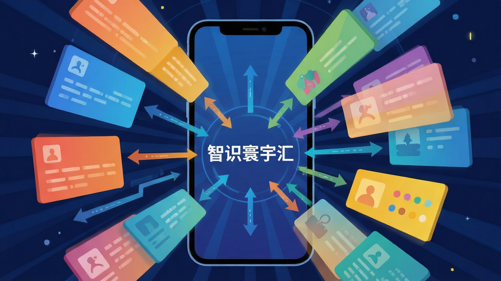 智识寰宇汇智能知识聚合功能展示图,画面主体为手机屏幕内多个信息卡片向中心汇聚的视觉效果,布局采用放射状构图,排版突出中心汇聚点,风格为扁平化科技插画风,细节包含不同颜色的卡片、箭头引导线、软件名称“智识寰宇汇”字样,画质高清,干净,无多余元素