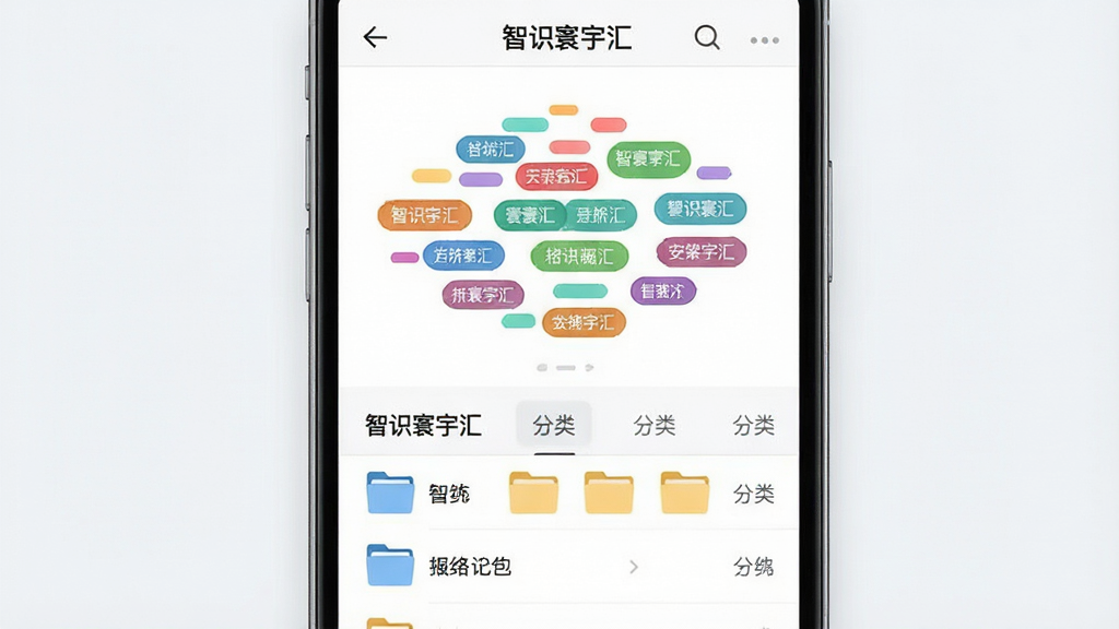 智识寰宇汇标签分类管理界面图,画面主体为手机屏幕展示彩色标签云与分类文件夹,布局采用上下结构,上方为标签云下方为文件列表,排版整齐,风格为清新浅色UI风,细节包含不同颜色的标签胶囊、文件夹图标、“智识寰宇汇”文字标识,画质高清,干净,无多余元素