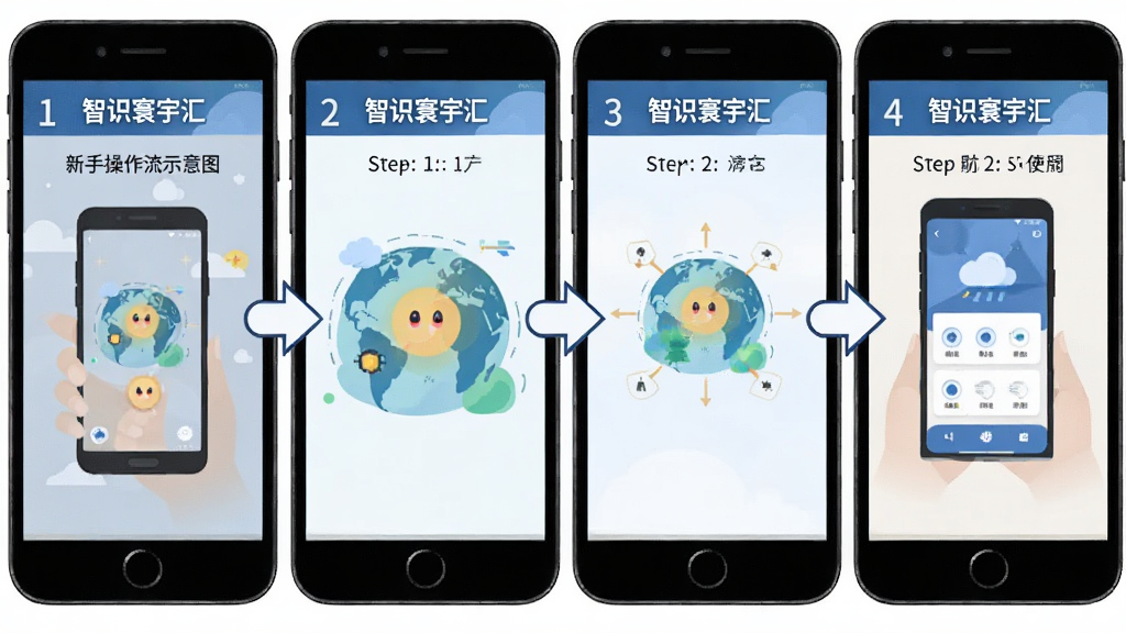 智识寰宇汇新手操作流程示意图,画面主体为手机屏幕展示从安装到使用的四个步骤截图,布局采用横向排列四格漫画式,排版从左到右依次递进,风格为扁平化教程插画风,细节包含步骤编号、箭头指引、“智识寰宇汇”名称标注,画质高清,干净,无多余元素