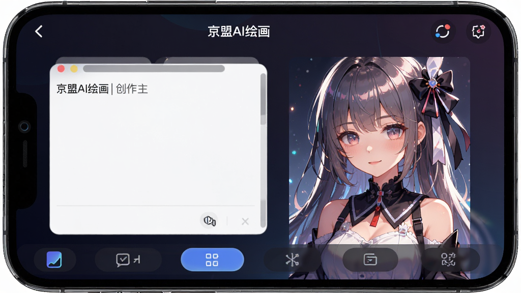 一张手机屏幕展示AI绘画应用界面的图片,画面中央是京盟AI绘画的创作主页面,左侧是文字输入框,右侧是生成的精美二次元少女插画,背景为深色渐变风格,整体布局简洁清晰,风格为现代科技感UI设计,细节包括底部功能按钮和顶部标题栏,画质高清干净无多余元素