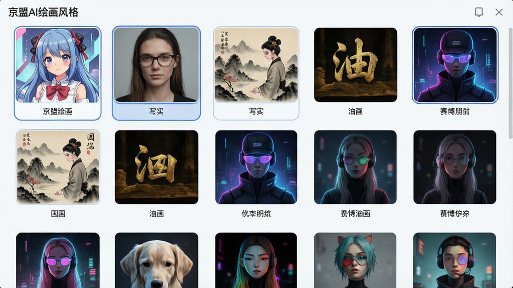 一张展示京盟AI绘画多种风格模型的界面截图,画面主体是风格选择面板,以网格形式排列着二次元、写实、国风、油画、赛博朋克等风格缩略图,布局为纵向滚动列表,风格为清新简约的浅色UI设计,细节包括每个风格下方的名称标签和选中高亮边框,画质高清干净无多余元素