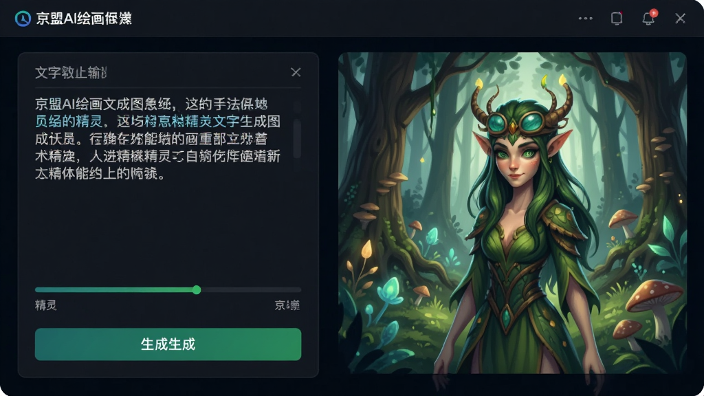 一张展示京盟AI绘画文字生成图像过程的界面图,画面左侧是文字输入区域,显示一段关于森林精灵的描述文字,右侧是正在生成的插画预览,布局为左右分栏,风格为深色科技风UI设计,细节包括进度条和生成按钮,画质高清干净无多余元素