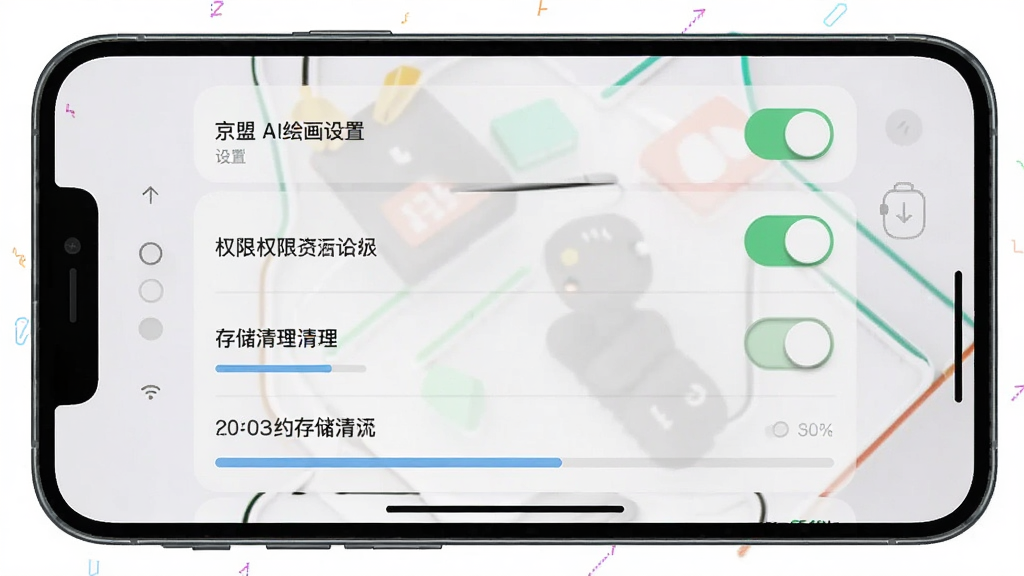 一张手机屏幕展示京盟AI绘画设置界面的图片,画面主体是权限管理和存储清理选项,布局为纵向列表,风格为浅灰色极简设计,细节包括开关按钮和进度条,画质高清干净无多余元素