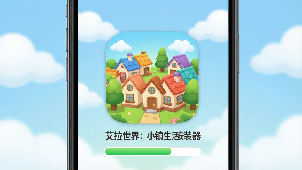 一张展示手机屏幕的图片,屏幕中央是“艾拉世界:小镇生活安装器”的应用图标,图标采用卡通小镇风格,有彩色屋顶的小房子和绿树,图标下方有安装进度条,背景是柔和的蓝天白云,整体风格清新可爱,画面干净整洁,无多余元素,高清画质