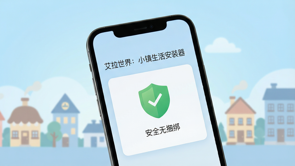 一部智能手机屏幕显示“艾拉世界:小镇生活安装器”的安全检测界面,画面中有绿色盾牌图标和“安全无捆绑”文字,背景是柔和的浅蓝色渐变,周围点缀卡通风格的小镇建筑剪影,整体风格清爽干净,画质细腻