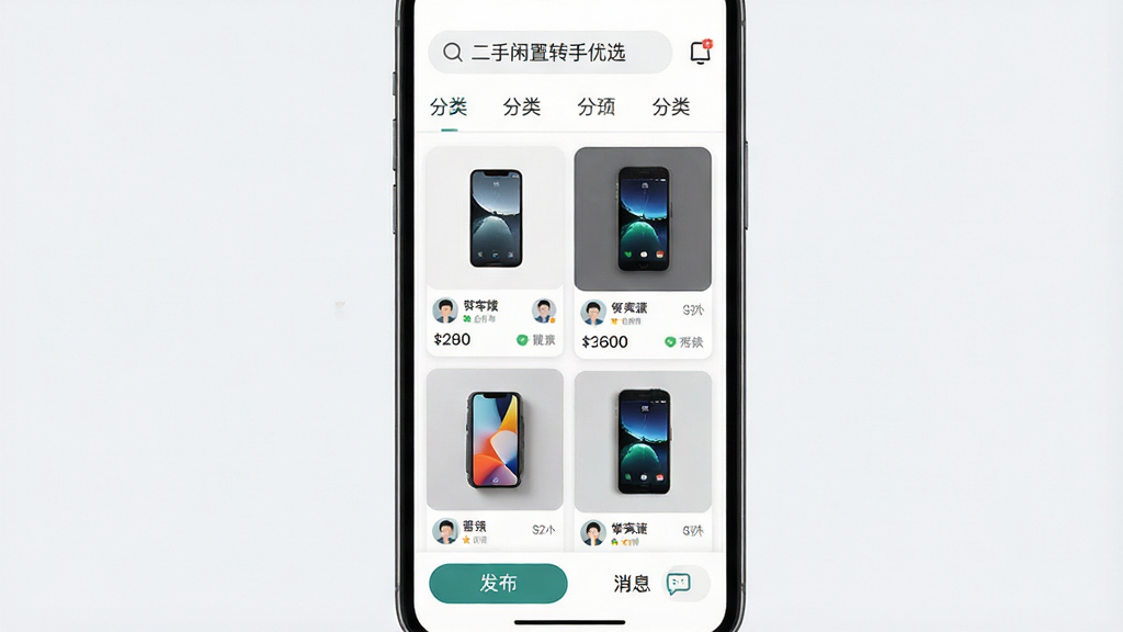 一部智能手机屏幕中央显示“二手闲置转手优选”应用界面,界面布局为顶部搜索栏与分类入口,中部为商品卡片瀑布流,底部为发布按钮与消息标签,背景为浅灰白色,风格为现代扁平化UI设计,细节包含商品缩略图、价格标签、用户头像与信用标识,画质清晰,画面干净,无多余元素